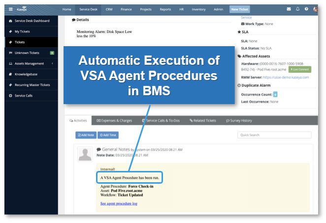 Automatic Execution of VSA Agent Procedures in Kaseya BMS Service Ticket