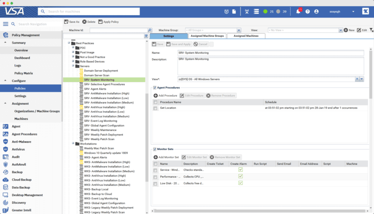 IT automation software demo of Kaseya VSA managing policies, or rules, for system monitoring and alerts.